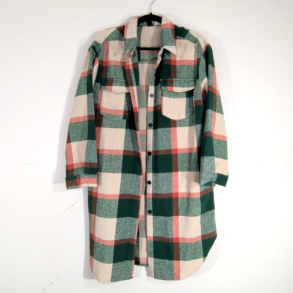 Green Plaid Shacket; Longline Flannel Shirt Jacket